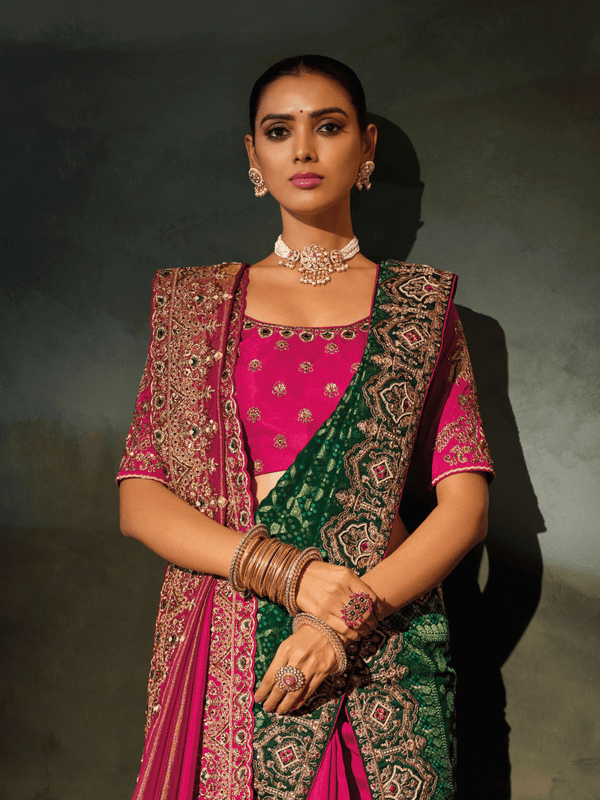 Rani Pink Embroidered Designer Tissue Silk Saree