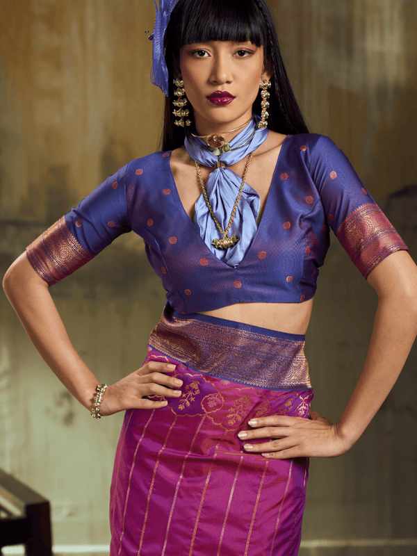 Rani Pink Kanjivaram Silk Saree With Contrast Blouse