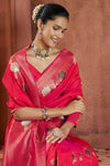 Raspberry Red Banarasi Saree With Zari Woven Motifs