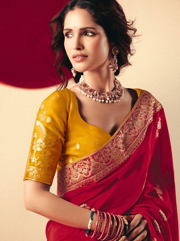 Red Banarasi Silk Saree With Contrast Blouse