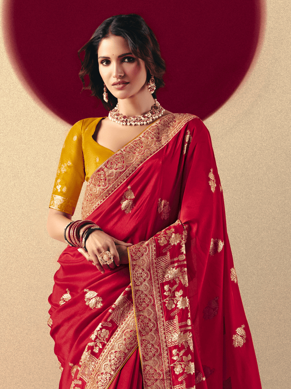 Red Banarasi Silk Saree With Contrast Blouse