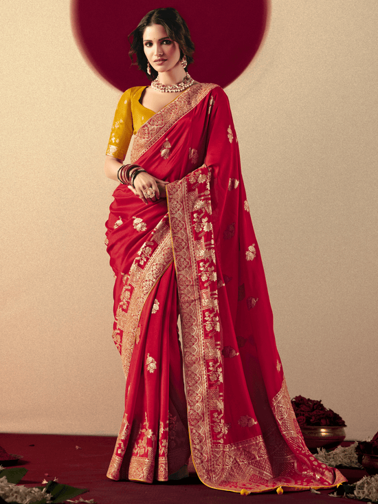 Red Banarasi Silk Saree With Contrast Blouse