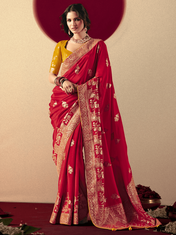 Red Banarasi Silk Saree With Contrast Blouse