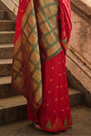 Red Khadi South Silk Saree With Temple Border