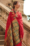 Red Khadi South Silk Saree With Temple Border