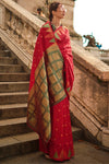 Red Khadi South Silk Saree With Temple Border