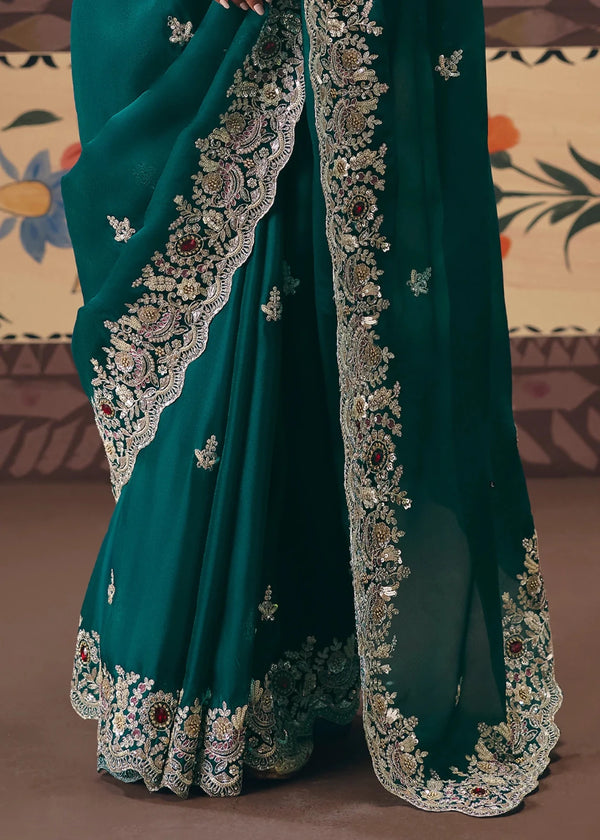 Rich Teal Green Georgette Silk Saree