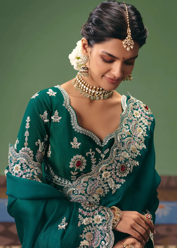 Rich Teal Green Georgette Silk Saree