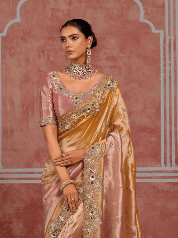 Rose Gold Embroidered Designer Tissue Silk Saree