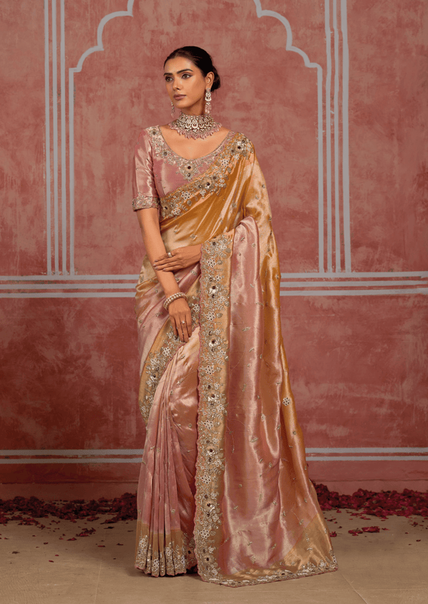 Rose Gold Embroidered Designer Tissue Silk Saree