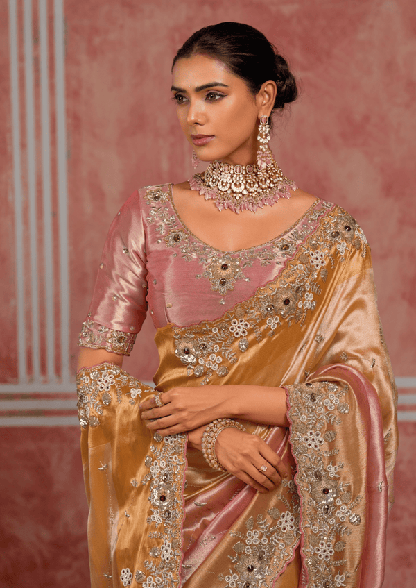 Rose Gold Embroidered Designer Tissue Silk Saree
