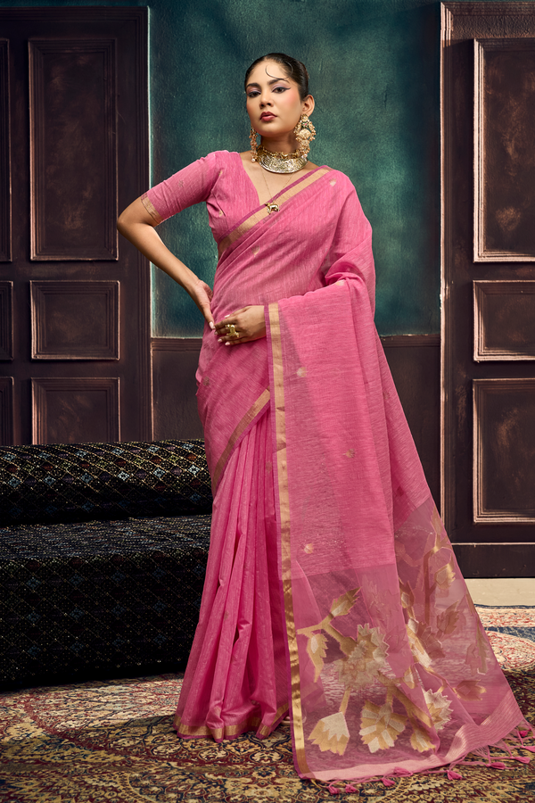 Rose Pink Banarasi Cotton Silk Saree