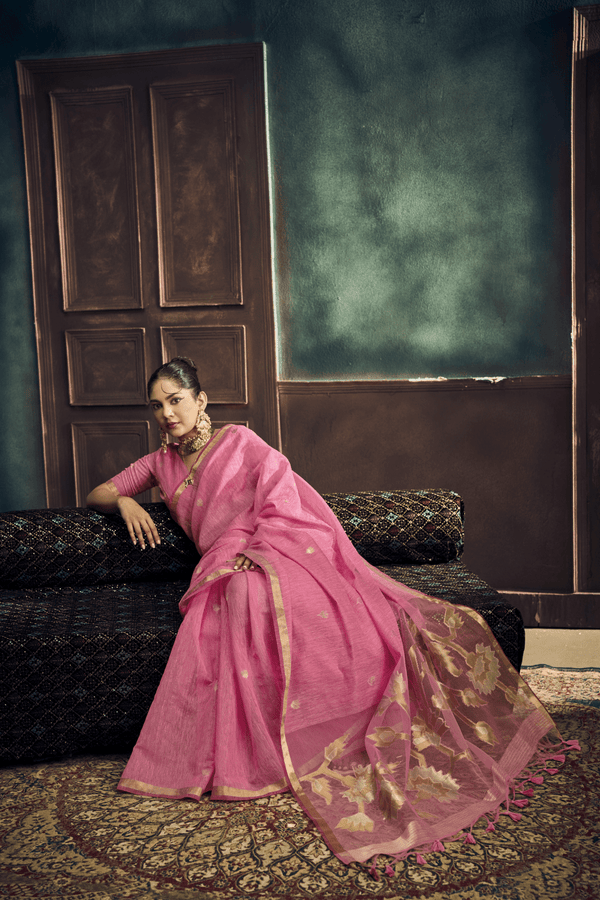Rose Pink Banarasi Cotton Silk Saree