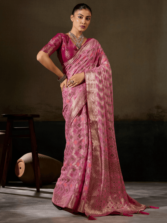 Rose Pink Banarasi Georgette Saree With Contrast Blouse