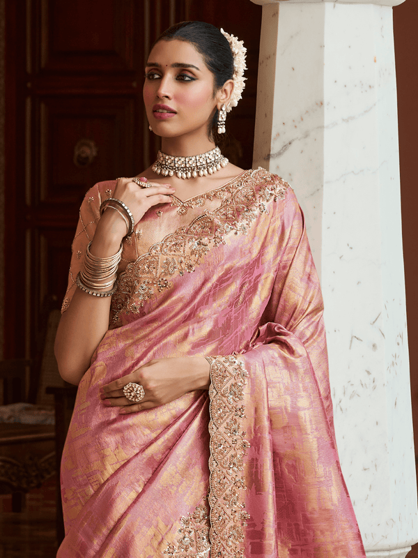 Rose Pink Banarasi Tissue Silk Saree