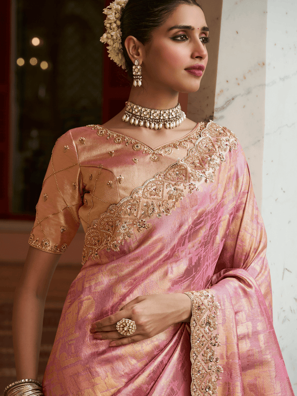 Rose Pink Banarasi Tissue Silk Saree