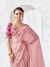 Rose Pink Embroidered Designer Chiffon Silk Saree With Contrast Blouse