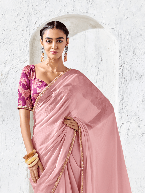 Rose Pink Embroidered Designer Chiffon Silk Saree With Contrast Blouse