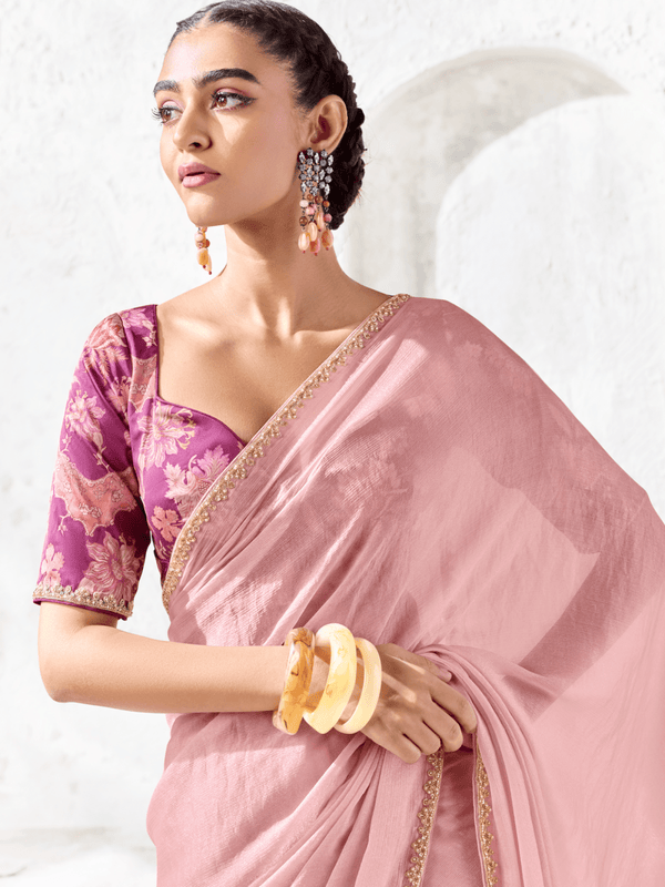 Rose Pink Embroidered Designer Chiffon Silk Saree With Contrast Blouse