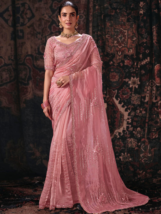 Rose Pink Embroidered Designer Organza Silk Saree