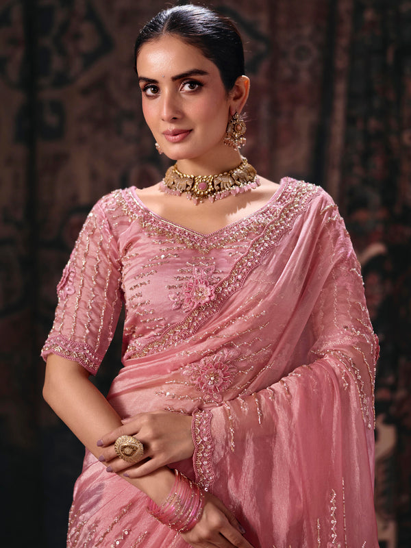 Rose Pink Embroidered Designer Organza Silk Saree, blouse close-up
