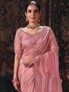 Rose Pink Embroidered Designer Organza Silk Saree, pallu and blouse