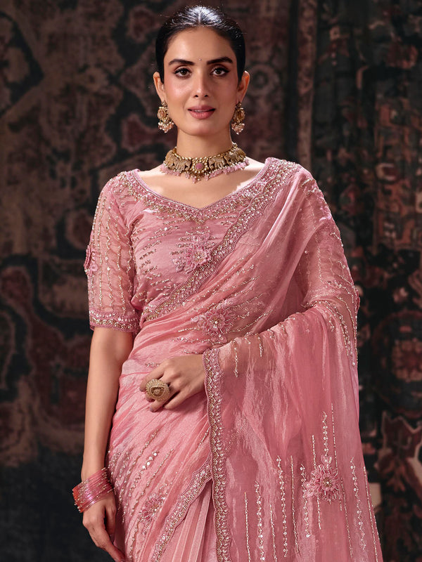 Rose Pink Embroidered Designer Organza Silk Saree, pallu and blouse