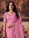 Rose Pink Embroidered Designer Organza Silk Saree