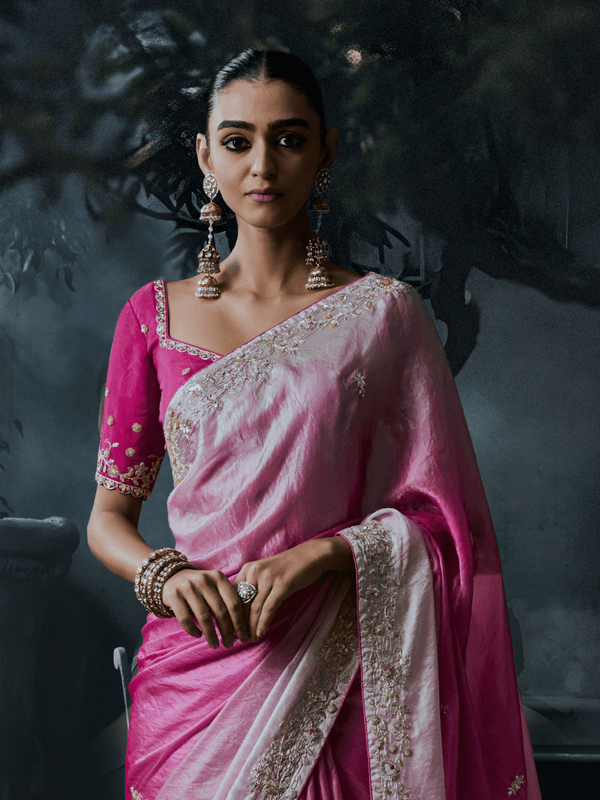 Rose Pink Embroidered Designer Tissue Silk Saree