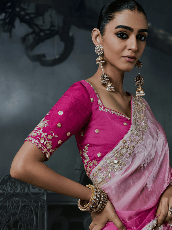 Rose Pink Embroidered Designer Tissue Silk Saree