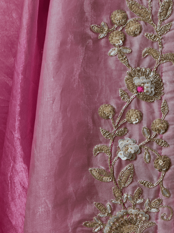 Rose Pink Embroidered Designer Tissue Silk Saree