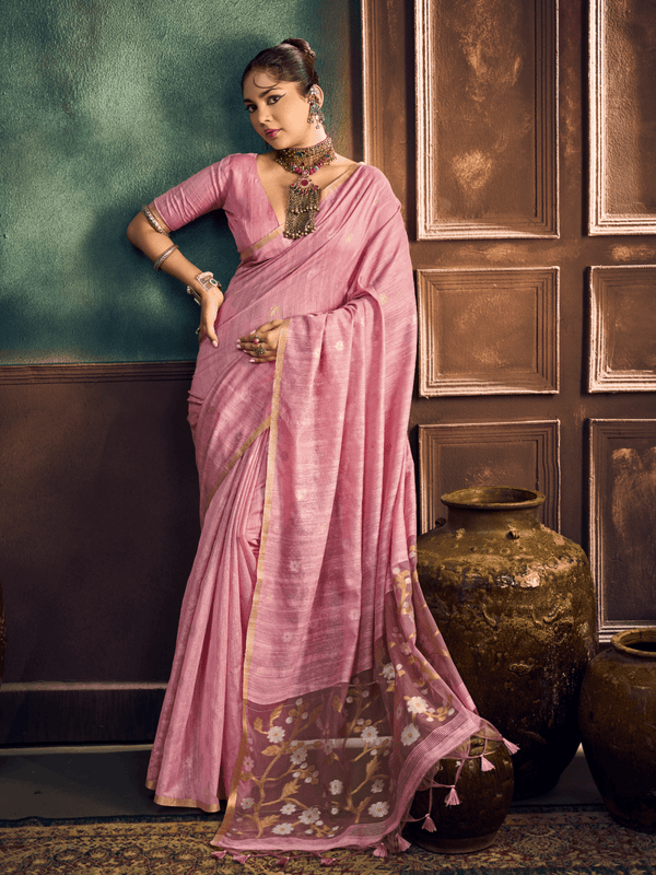 Rose Pink Handloom Jamdani Slub Cotton Saree