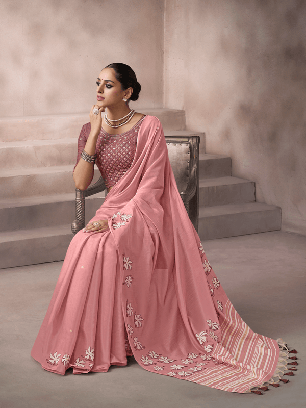 Rose Pink Jamdani Cotton Silk Saree With Contrast Blouse