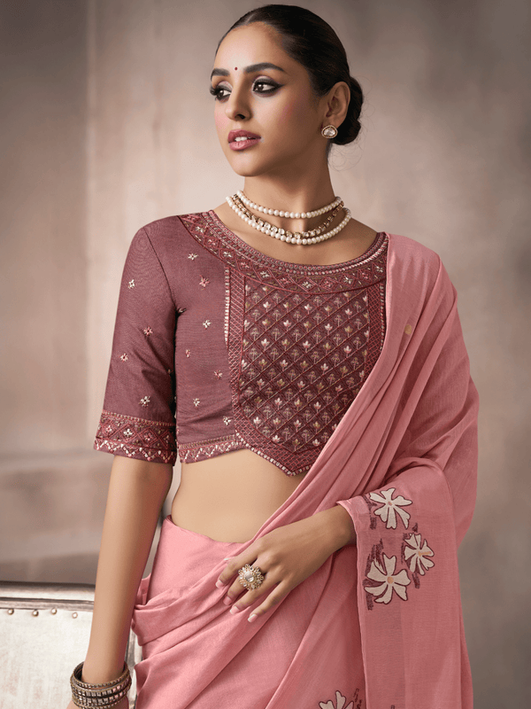 Rose Pink Jamdani Cotton Silk Saree With Contrast Blouse