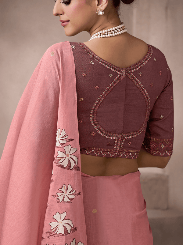 Rose Pink Jamdani Cotton Silk Saree With Contrast Blouse