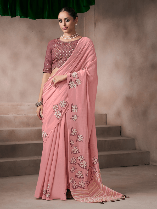 Rose Pink Jamdani Cotton Silk Saree With Contrast Blouse