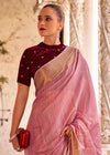 Rose Pink Linen Silk Saree with Velvet Blouse