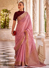 Rose Pink Linen Silk Saree with Velvet Blouse