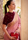 Rose Pink Linen Silk Saree with Velvet Blouse