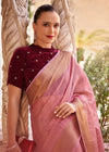 Rose Pink Linen Silk Saree with Velvet Blouse