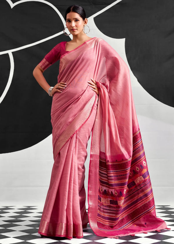 Rose Pink Woven Designer Linen Cotton Saree