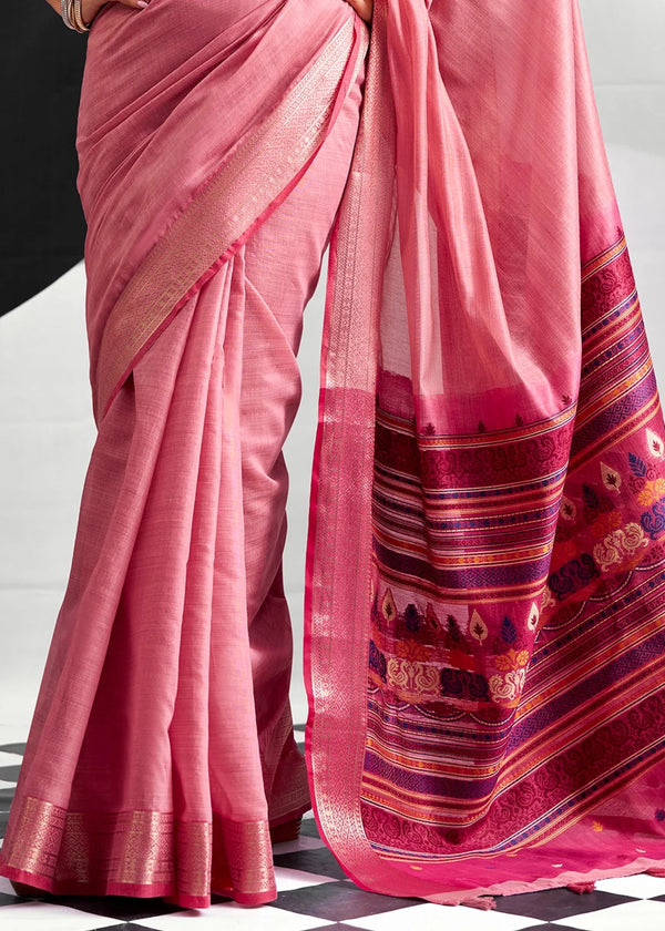 Rose Pink Woven Designer Linen Cotton Saree