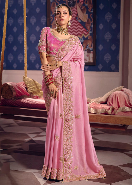 Rose Pink Zari Tissue Designer Embroidered Saree