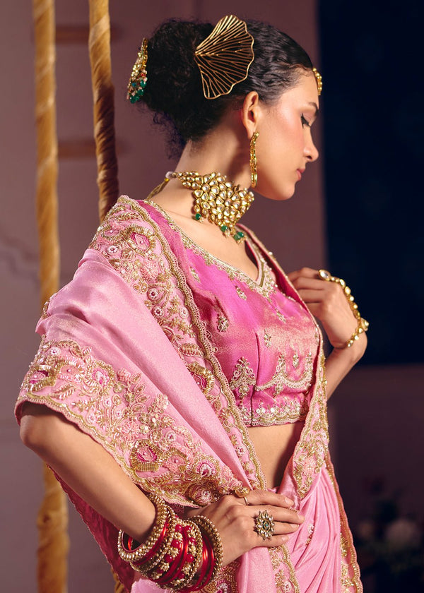 Rose Pink Zari Tissue Designer Embroidered Saree