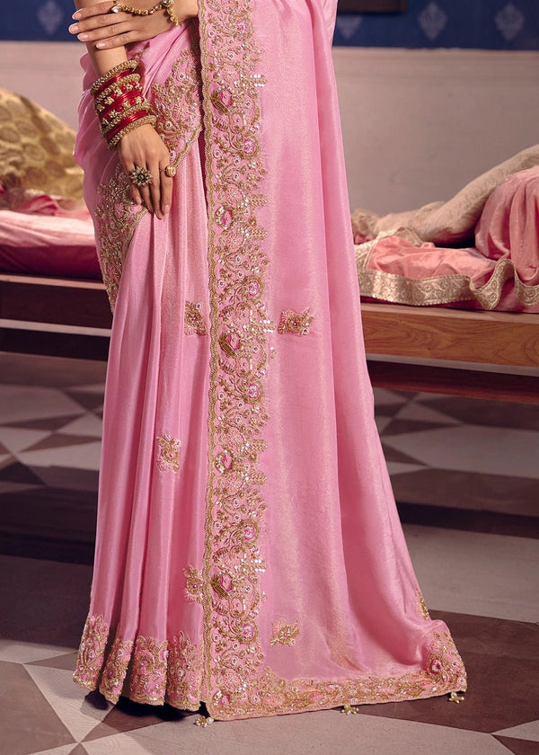 Rose Pink Zari Tissue Designer Embroidered Saree