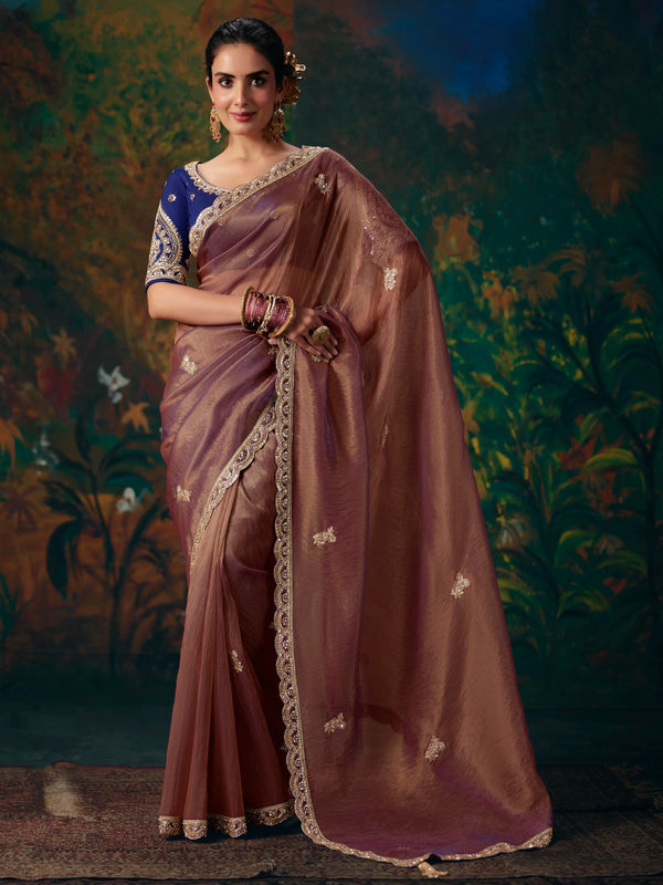 Rosewood Embroidered Designer Tissue Silk Saree With Contrast Blouse