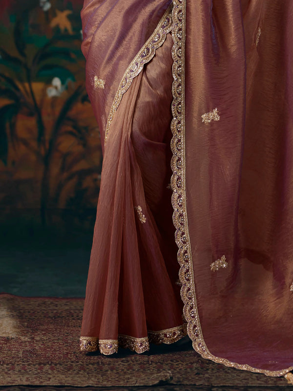 Rosewood Embroidered Designer Tissue Silk Saree, border and drape