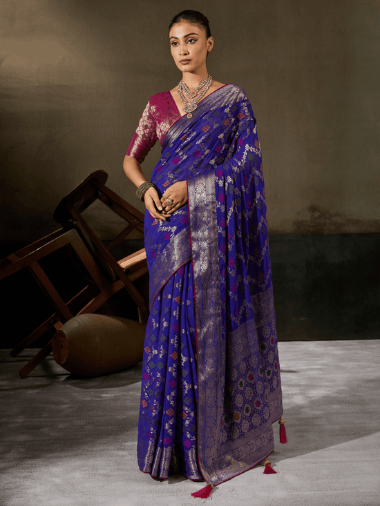 Royal Blue Banarasi Georgette Saree With Contrast Blouse