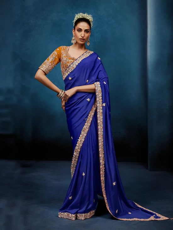 Royal Blue Designer Silk Saree with Contrast Golden Blouse