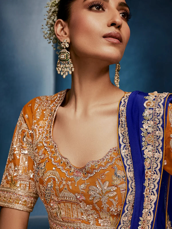 Royal Blue Designer Silk Saree with Contrast Golden Blouse